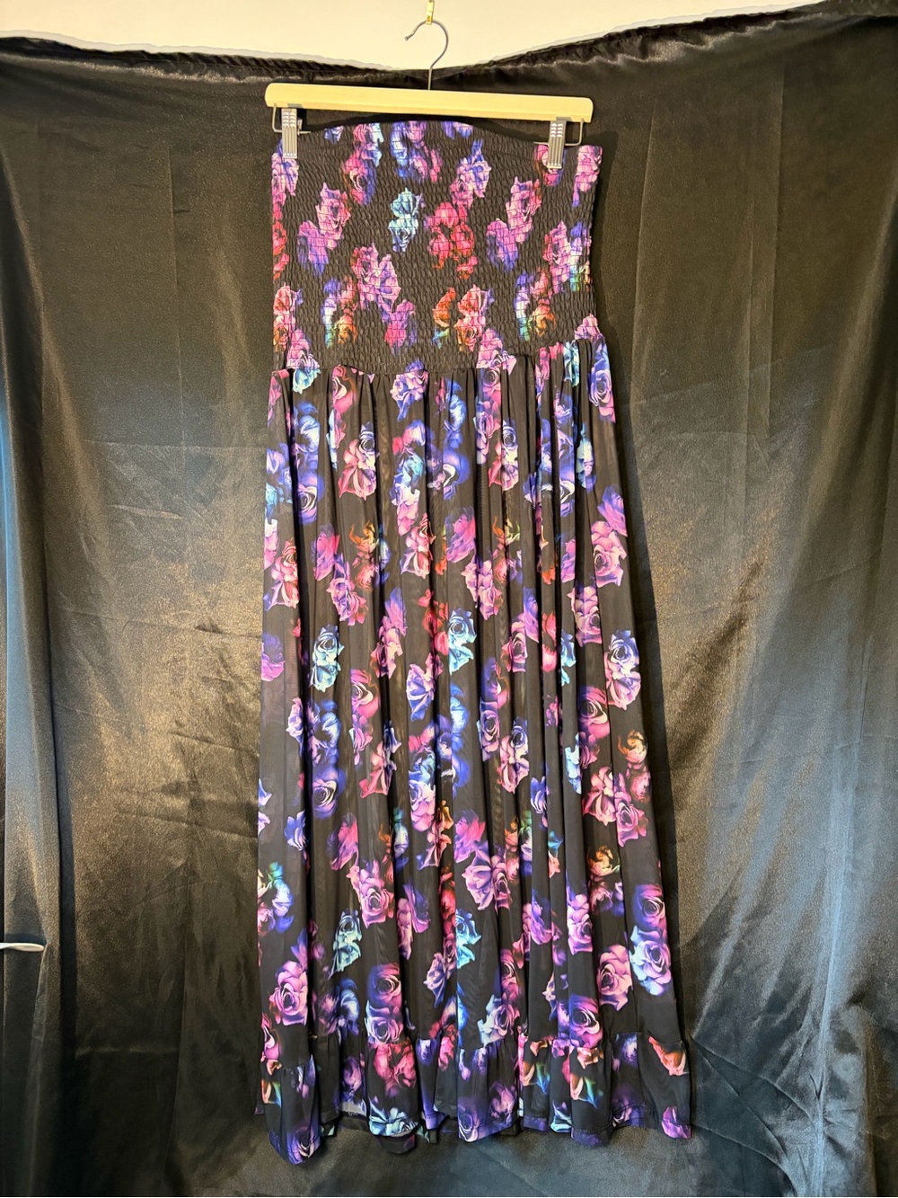 torrid Black Smocked Maxi Dress with Purple, Blue & Pink Floral Print size 2